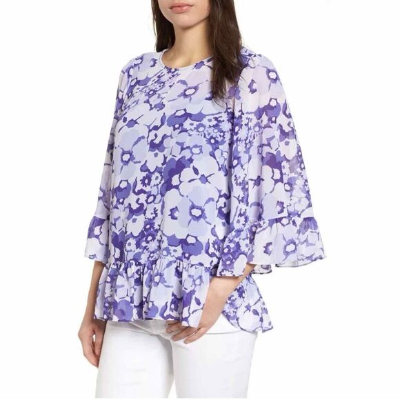 Michael Kors Springtime Floral Bell Sleeve Blouse Top Purple White Small - Picture 1 of 14
